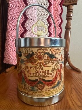Vintage Decorative Metal  Ice Bucket  or Canister with Map Motif